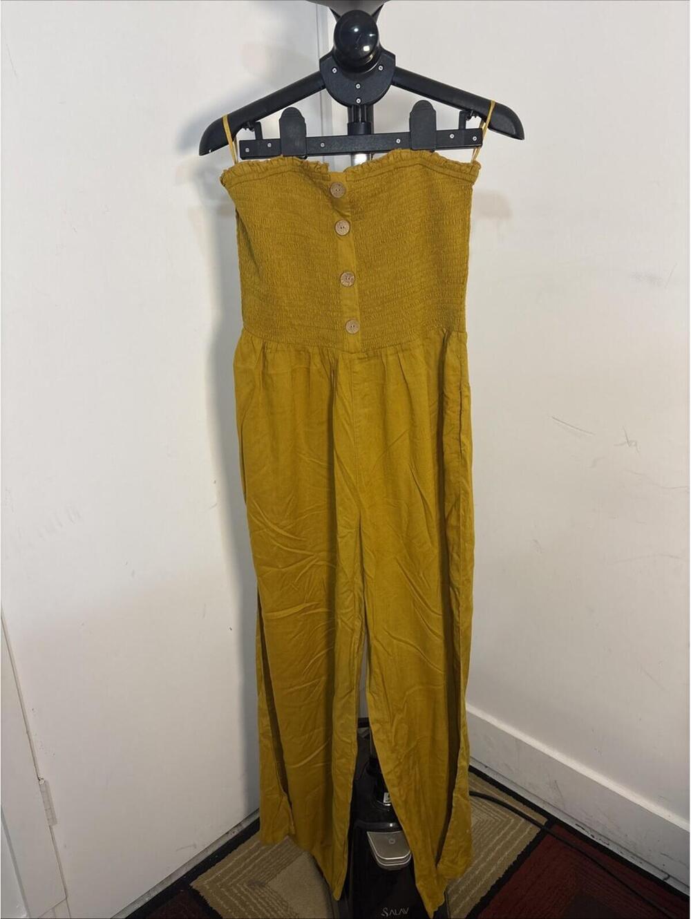 NAOO Nation AK Outfits Mustard Yellow Wide Leg Strapless Smocked Jumpsuit NWT